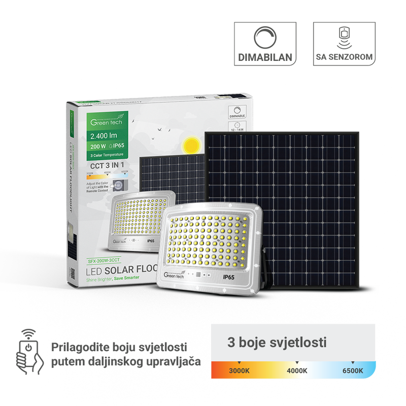 GREEN TECH LED solarni reflektor Green Tech 200W, 3CCT, IP65 - SFX-200W-3CCT