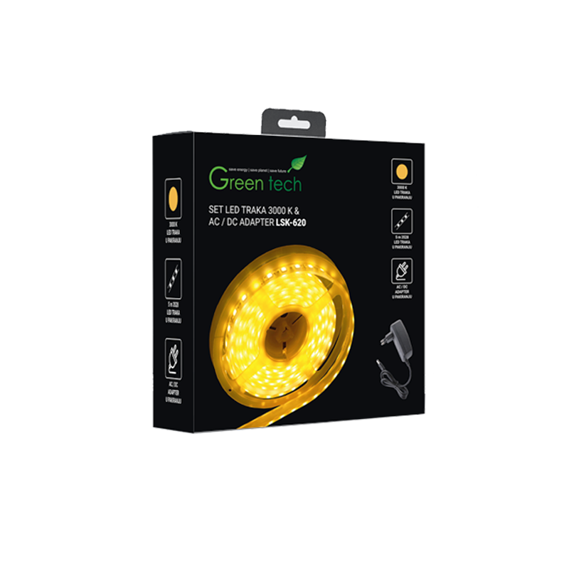 GREEN TECH LED traka 5m + adapter Green Tech 4,8 W/m, 3528, 60 LED, 3000K, IP65 - LSK-620