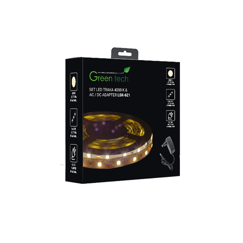 GREEN TECH LED traka 5m + adapter Green Tech 4,8 W/m, 3528, 60 LED, 4000K, IP65 - LSK-621