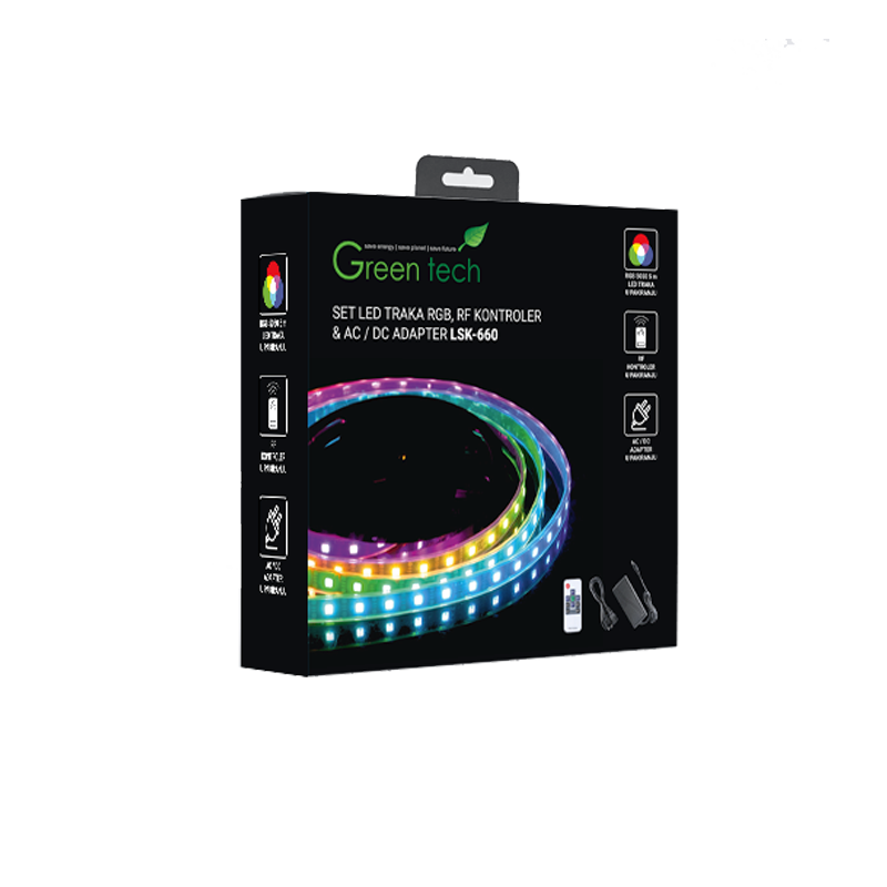 GREEN TECH LED traka 5m + adapter + kontroler Green Tech 14,4 W/m, 5050, 60 LED, RGB, IP65 - LSK-660