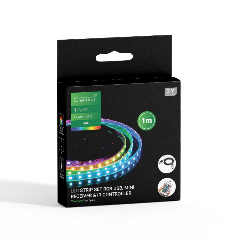 GREEN TECH LED traka Green Tech 1m, USB + daljinski, 7,2 W/m, 5050, 30 LED/m, RGB, IP20 - LSU-USB1M
