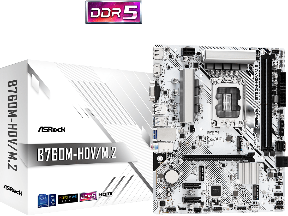 ASROCK MB B760M-HDV/M.2B760, LGA1700, 2xDDR5, 2xM.24xSATA,RAID,HDMI,DP,VGA,MicroATX, White