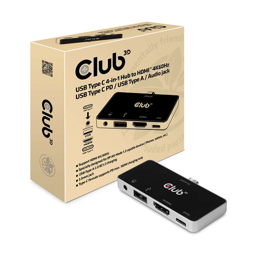 Mini docking station Club 3D USB TYPE C 3.1 GEN 1 TO HDMI 2.0B + 1 USB 2.0 TYPE A + USB C CHARGE UP TO 100W + 1 COMBO AUDIO JACK FEMALE CSV-1591