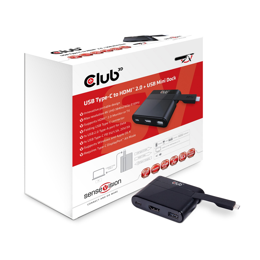 Mini docking station Club 3D USB TYPE C 3.1 GEN 1 TO HDMI 4K60HZ + USB TYPE A 2.0 + USB TYPE C CHARGING 60W MINI DOCKING STATION CSV-1534