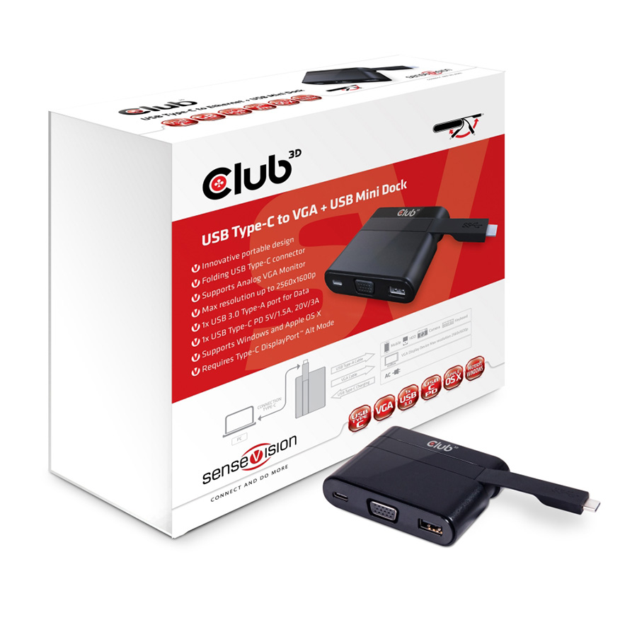 Mini docking station Club 3D USB TYPE C 3.1 GEN 1 TO VGA + USB TYPE A 3.0 + USB TYPE C CHARGING 60W MINI DOCKING STATION CSV-1532