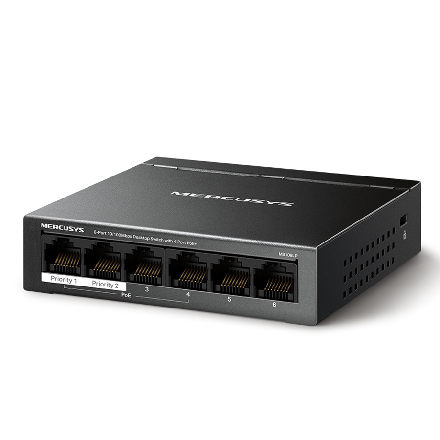 SWITCH Mercusys MS106LP Mercusys MS106LP 6-portni 10/100 Mbps Desktop prekidač sa 4-porta PoE+, kompatibilan sa 802.3af/at PD-ovima, 40 W PoE napajan