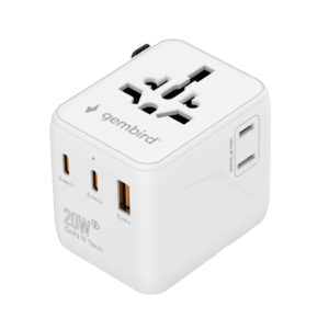 Univerzalni strujni adapter za sve zemlje + USB + Type-C punjač GEMBIRD, 20 W, white, TPA-1A2C20-01-W