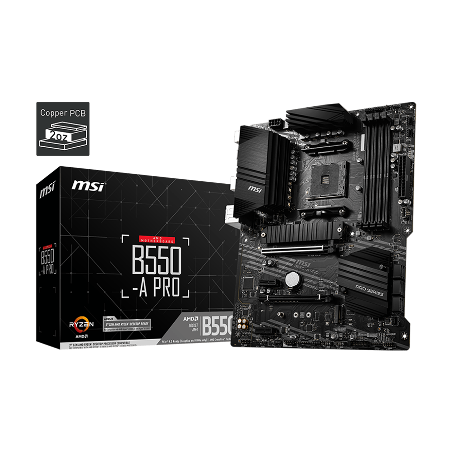 MSI Main Board Desktop B550-A PRO (AM4, 4xDDR4, 1xPCI-Ex16, 2xPCI-Ex1, USB3.2, 6xSATA III,2xM.2, DP, HDMI)