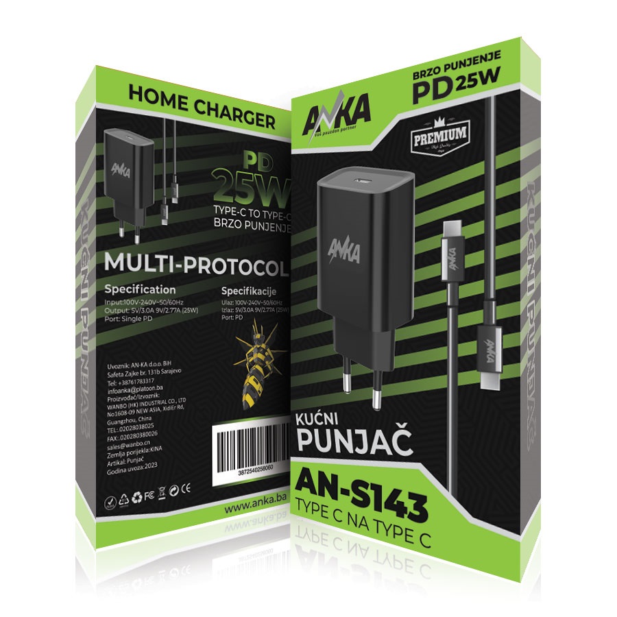PUNJAC KUCNI AN-S143 PD 25W TYPE-C TO TYPE-C 1 PORT ANKA