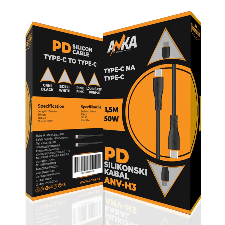 PD SILIKONSKI KABAL TYPE-C NA TYPE-C ANV-H3 1,5M CRNI AN-KA