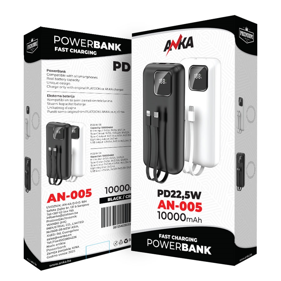 POWERBANK AN-005 10000MAH PD22,5W KABAL 2U1 ANKA BIJELI