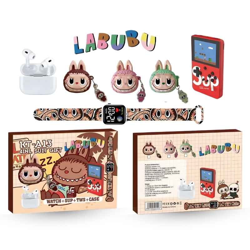 Labubu poklon paket 4U1 KT-A13 SAT+SUP+TWS+FUTROLA smeđi