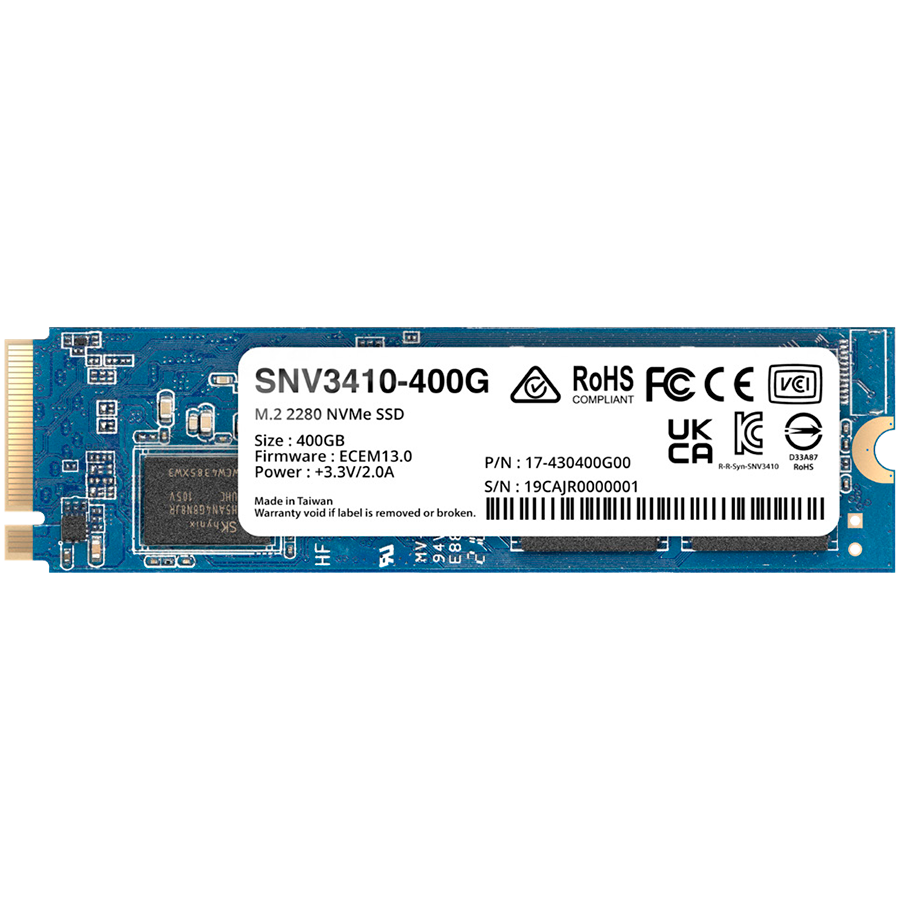 Synology SNV3410 400GB Enterprise NVMe m.2 2280 SSD, NVMe PCIe 3.0 x4, Read/Write(128 KB, QD32) 3,000 /750 MB/s, MTBF : 1.8 million hours