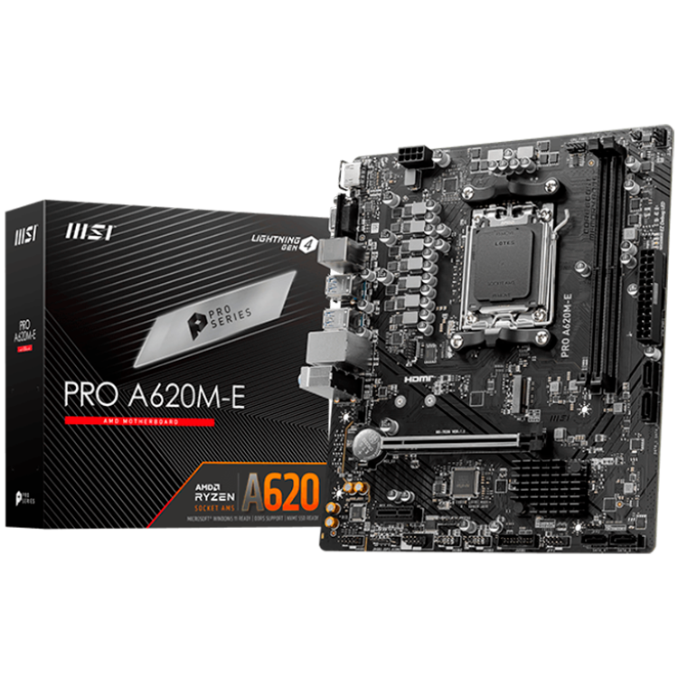 MSI PRO A620M-E, mATX, Socket AM5, Dual Channel DDR5 6800+MHz, 1x PCIe x16 slot, 1x M.2 slot, 1x HDMI, 1x VGA, 2x USB 3.2 Gen 1, 4x USB 2.0, 7.1 HD Audio, Realtek RTL8111H Gigabit LAN, 3Y