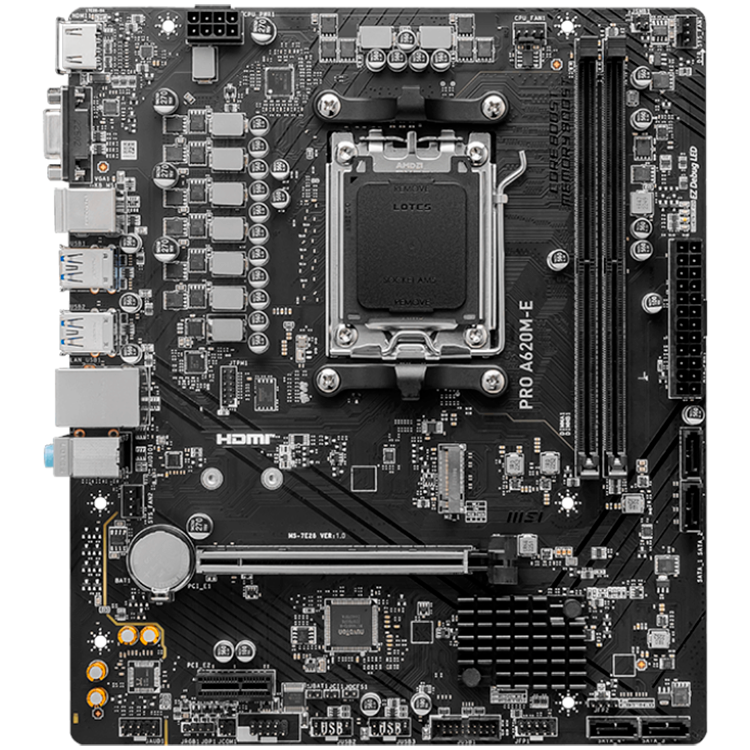 MSI PRO A620M-E, mATX, Socket AM5, Dual Channel DDR5 6800+MHz, 1x PCIe x16 slot, 1x M.2 slot, 1x HDMI, 1x VGA, 2x USB 3.2 Gen 1, 4x USB 2.0, 7.1 HD Audio, Realtek RTL8111H Gigabit LAN, 3Y - Image 2