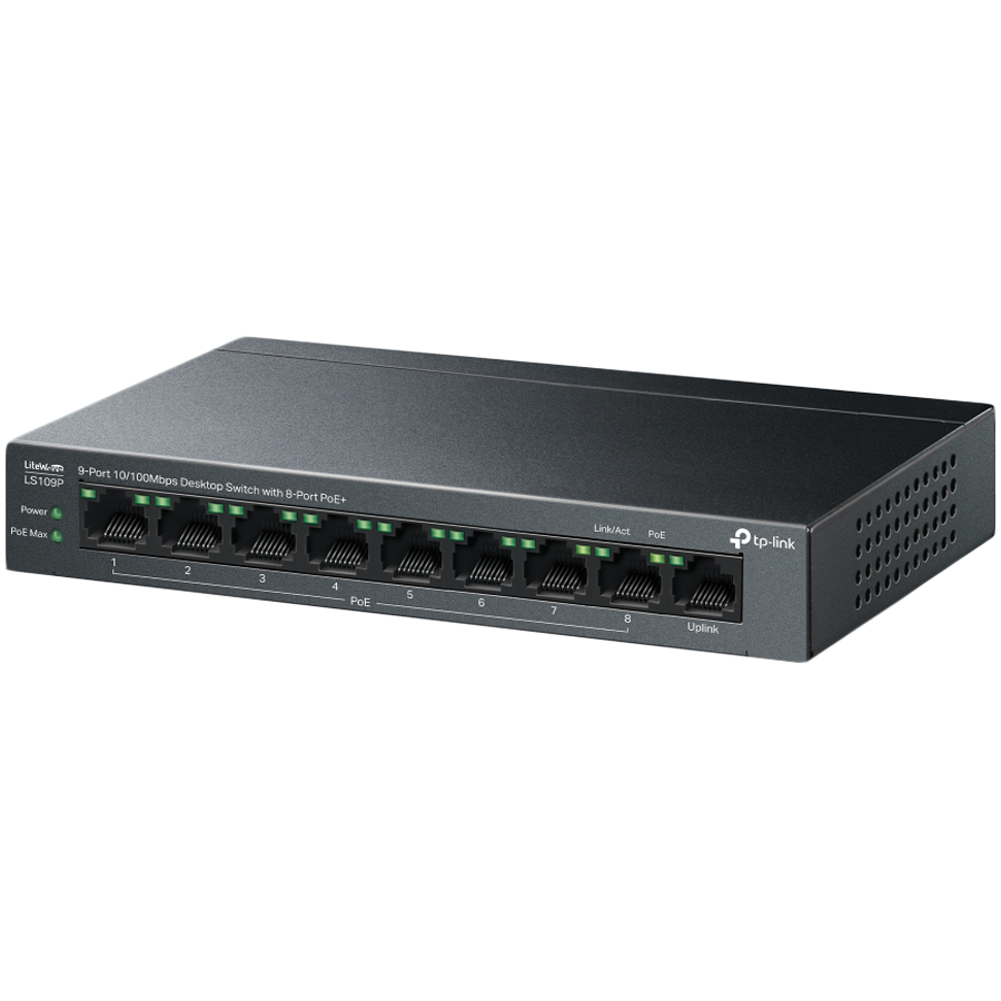 TP-Link LS109P 9-Port 10/100 Mbps Desktop Switch with 8-Port PoE+, 8× 10/100 Mbps PoE+ Ports, 1× 10/100 Mbps Non-PoE Port, 802.3at/af, 63 W PoE Power, Desktop Steel Case, Extend Mode for 250m PoE Transmitting, Isolation Mode, PoE Auto Recovery - Image 3