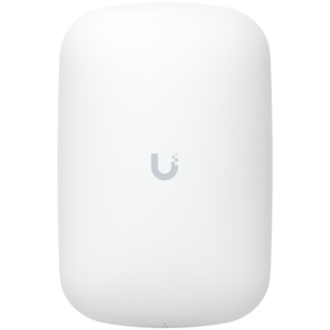 UBIQUITI U6 Extender; WiFi 6; 6 spatial streams; 115 m² (1,250 ft²) coverage; 300+ connected devices; Powered with standard AC wall outlet; Wireless uplink to UniFi WiFi.