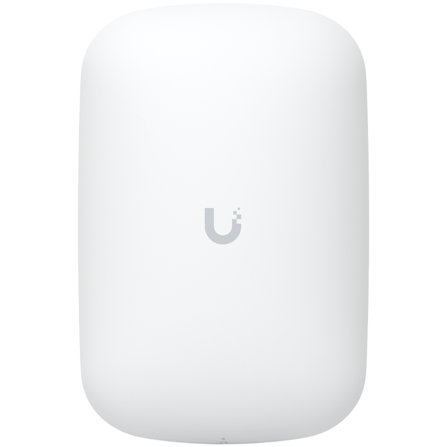 UBIQUITI U6 Extender; WiFi 6; 6 spatial streams; 115 m² (1,250 ft²) coverage; 300+ connected devices; Powered with standard AC wall outlet; Wireless uplink to UniFi WiFi.