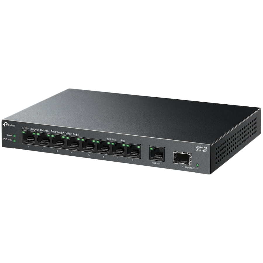 TP-Link LS1210GP 10-Port Gigabit Desktop Switch with 8-Port PoE+, 8× Gigabit PoE+ Ports, 1x Gigabit Non-PoE Port, 1× Gigabit SFP Slot, 61 W PoE Power, Desktop Steel Case, Extend Mode for 250m PoE Transmitting, Isolation Mode, PoE Auto Recovery - Image 3