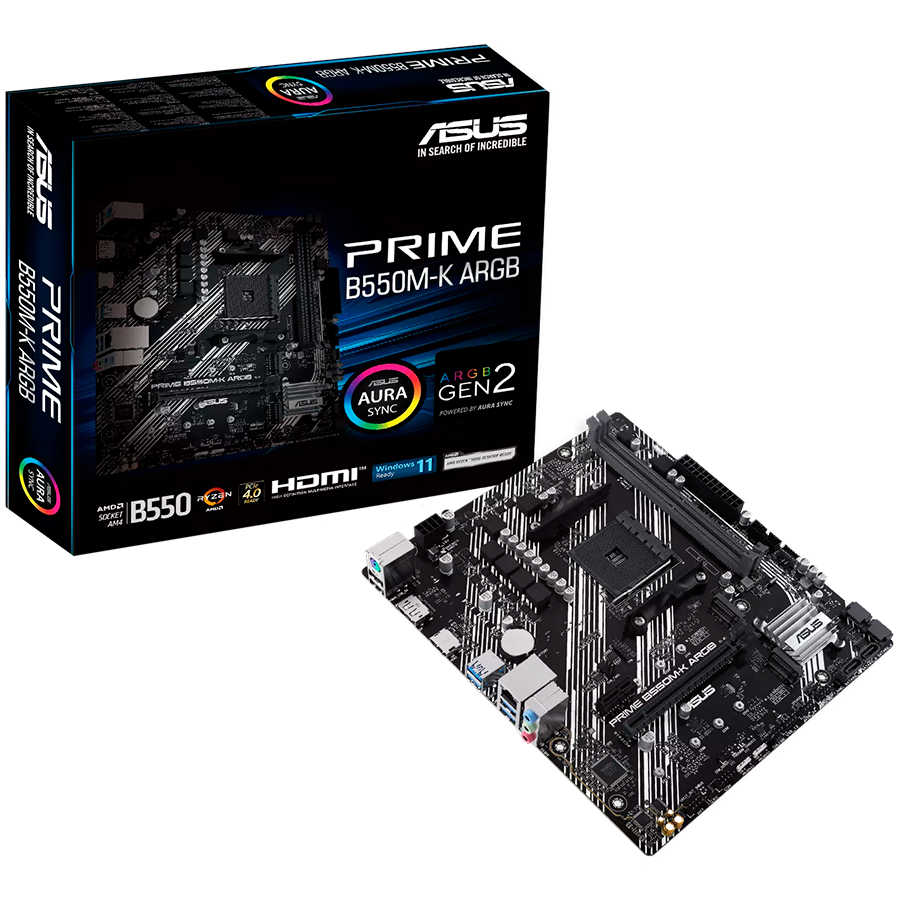ASUS PRIME B550M-K ARGB AM4 mATX MB - AMD B550 2xDIMM DDR4 2xM.2 4xSATA PCIe 4.0 1Gb Ethernet 1xDisplayPort 1xHDMI with Aura Sync