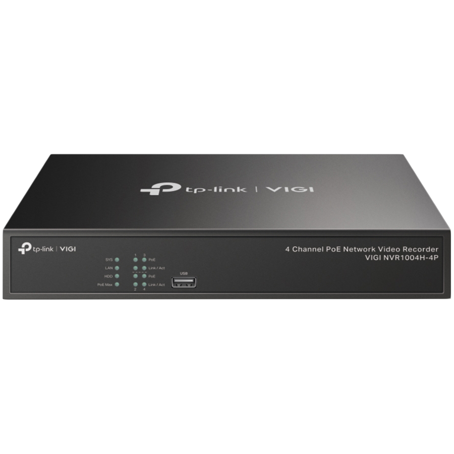 TP-Link VIGI NVR1004H 4 Channel Network Video Recorder, H.265+/H.265/H.264+/H.264, Up to 8MP resolution, 80 Mbps Incoming Bandwidth(up to 4 channels), 1× SATA Interface(up to 10 TB), VGA, 2xUSB, 1xHDMI, 1x10/100 RJ-45, Smart Detection