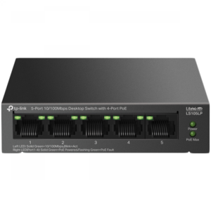 TP-Link LS105LP 5-Port 10/100 Mbps Desktop Switch with 4-Port PoE, 4× 10/100 Mbps PoE Ports, 1× 10/100 Mbps Non-PoE Port, 802.3af, 41 W PoE Power, Desktop Steel Case, Extend Mode for 250m PoE Transmitting, PoE Auto Recovery, Plug and Play