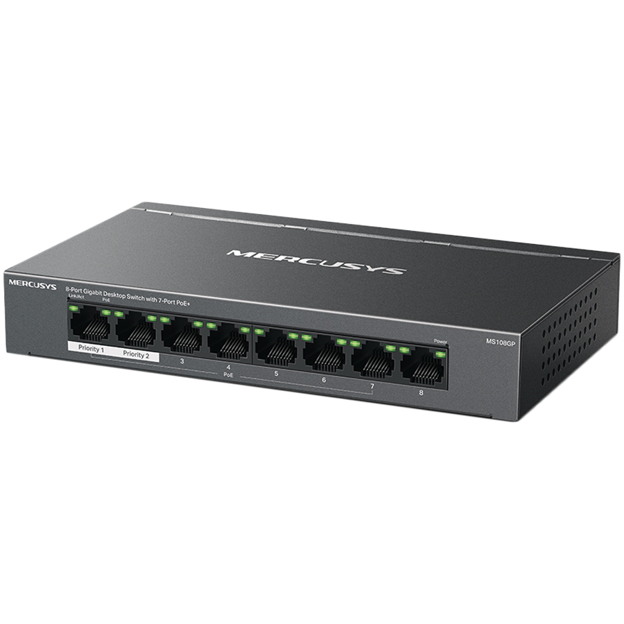 Mercusys MS108GP 8-Port Gigabit Desktop Switch with 7-Port PoE+, 7× Gigabit PoE+ Ports, 1× Gigabit Non-PoE Ports, Compatible with 802.3af/at PDs, 65 W PoE Power, Desktop Steel Case, Wall Mounting,Extend Mode for 250m PoE Transmitting, Isolation Mode - Image 2