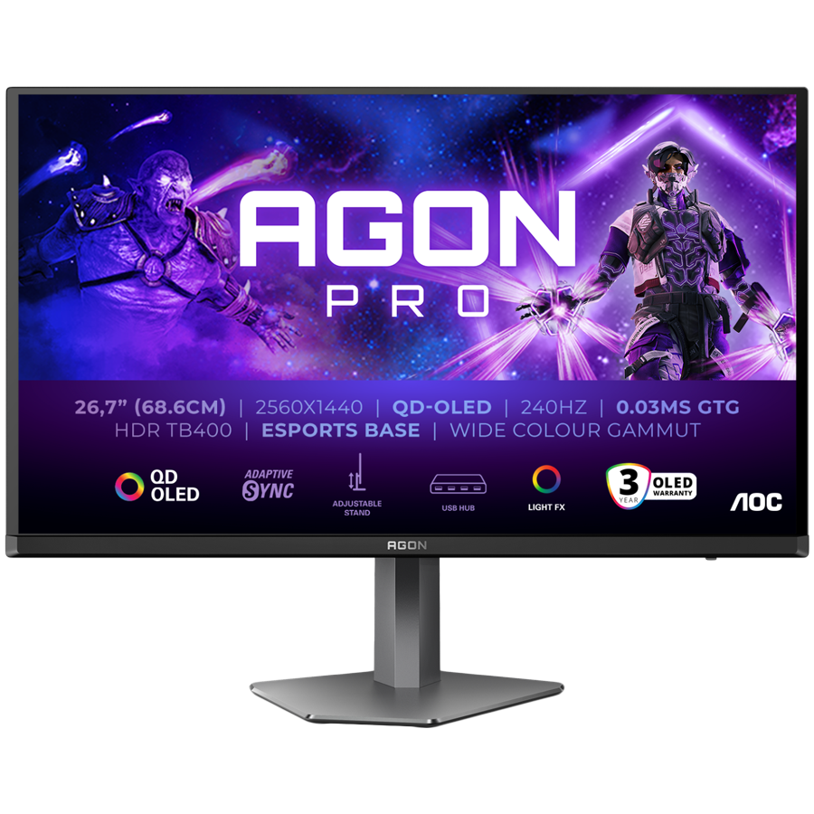 AOC Monitor LED AG276QZD2 AGON PRO 26.7" 2560x1440 QD-OLED Adaptive Sync 240Hz 0.03ms 250 cd/m2 3-sided frameless FULL ERGO 2xHDMI 2xDP USB Hub
