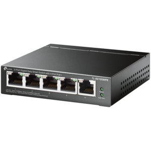 5-Port Gigabit Easy Smart Switch with 4-Port PoE+ 4× Gigabit PoE+ Ports, 1× Gigabit Non-PoE Ports 802.3af/at, 120 W PoE Power, Desktop Steel Case PoE Auto Recovery, MTU/Port/Tag-based VLAN, QoS, IGMP Snooping, Web/Utility Management, Plug and Play