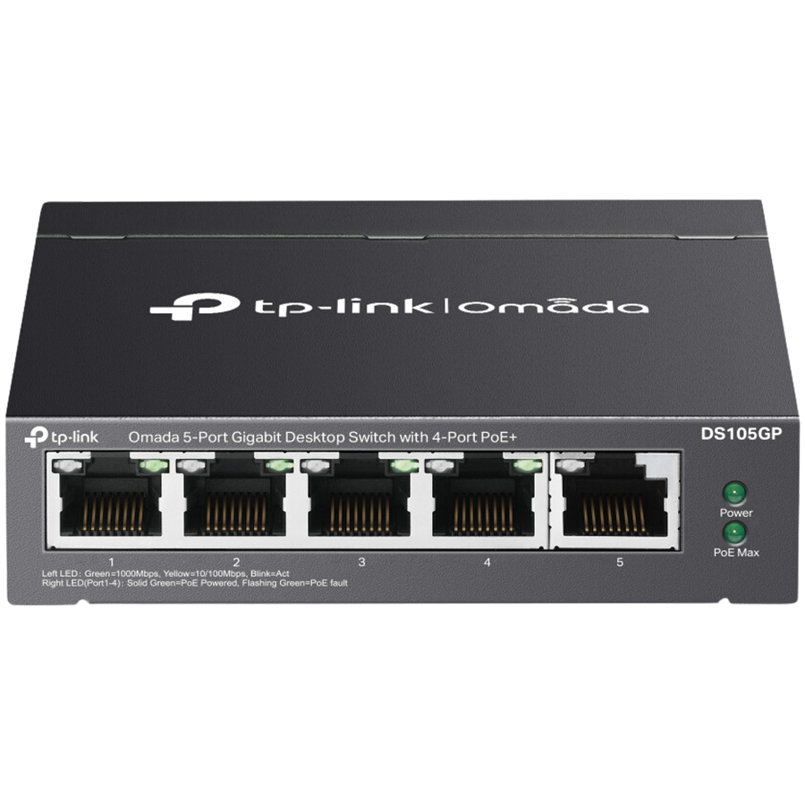 Omada 5-Port Gigabit Desktop Switch with 4-Port PoE+ PORT: 4× Gigabit PoE+ Ports, 1× Gigabit Non-PoE Port SPEC: 802.3af/at, 65 W PoE Power, Desktop Steel Case FEATURE: Plug and Play