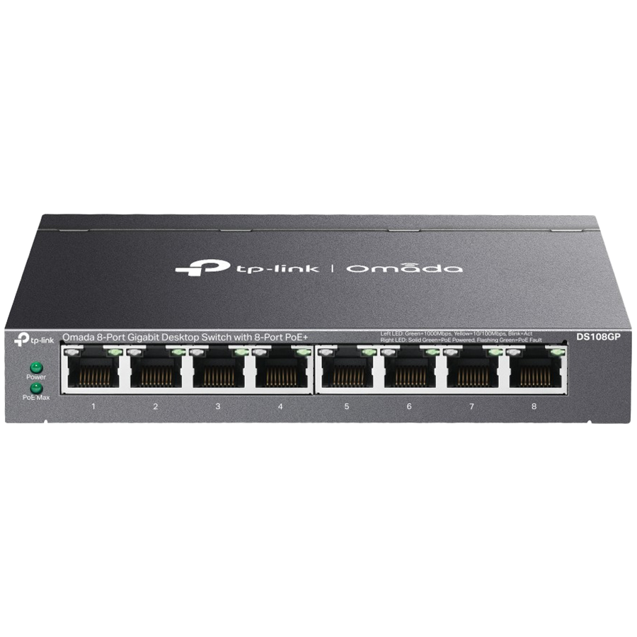 Omada 8-Port Gigabit Desktop Switch with 8-Port PoE+ 8× Gigabit PoE+ Ports 802.3af/at, 64 W PoE Power, Desktop Steel Case Plug and Play