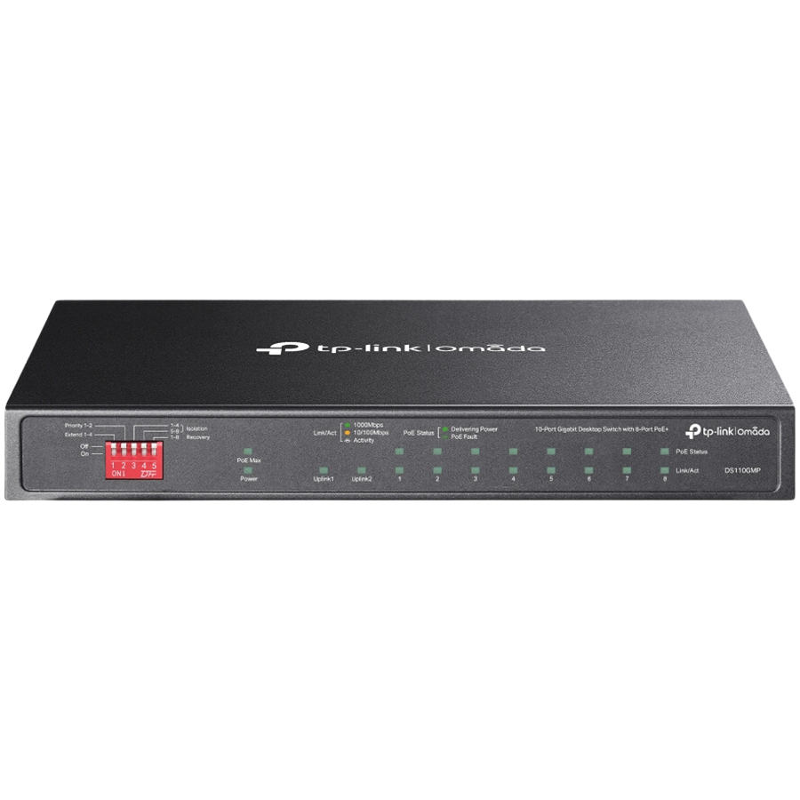 Omada 10-Port Gigabit Desktop Switch with 8-Port PoE+ 8× Gigabit PoE+ Ports, 2x Gigabit Non-PoE Ports, 1× Combo Gigabit SFP Slot 802.3at/af, 123 W PoE Power, Desktop Steel Case Extend Mode for 250m PoE Transmitting, Priority Mode for Port1-2,