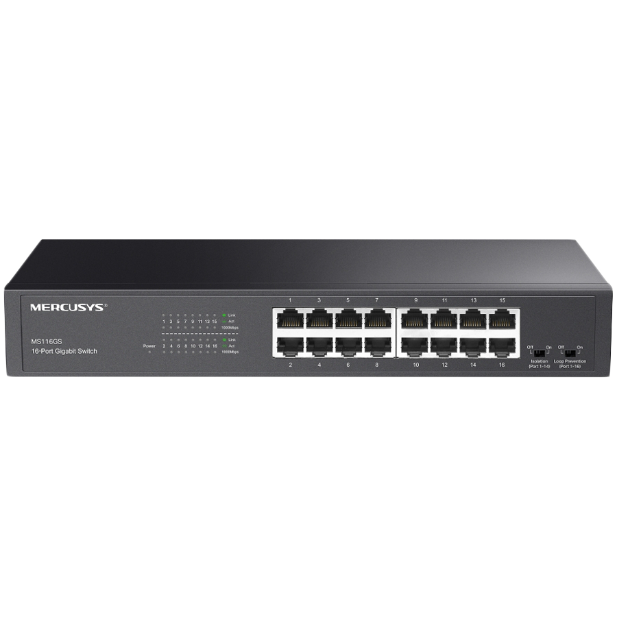 Mercusys MS116GS 16-Port Gigabit Desktop/Rackmount Switch, 16x10/100/1000 Mbps Auto-Negotiation RJ45 port supporting Auto-MDI/MDIX, Isolation Mode, Loop Prevention, Durable Metal Casing, Plug and Play
