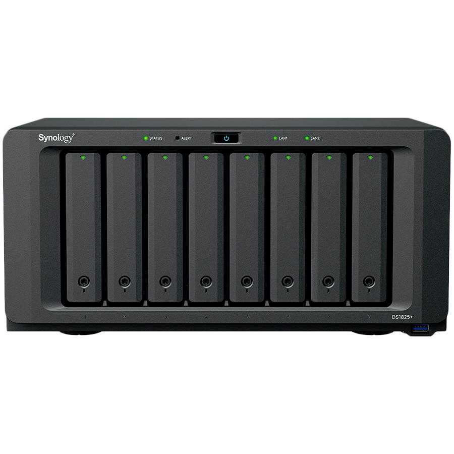 Synology DiskStation DS1825+, Tower, 8-BAY 3.5'' SATA HDD/SSD, 2xM.2 2280 NVMe SSD, CPU AMD Ryzen Quad-Core 2.2 GHz, 8GB DDR4, 2xRJ-45 2.5GbE LAN Port, 3xUSB 3.2, 2 x USB-C expansion ports (Expandable to 18 Bays with 2 x DX525), 1xGen3 x8 PCIe,3y