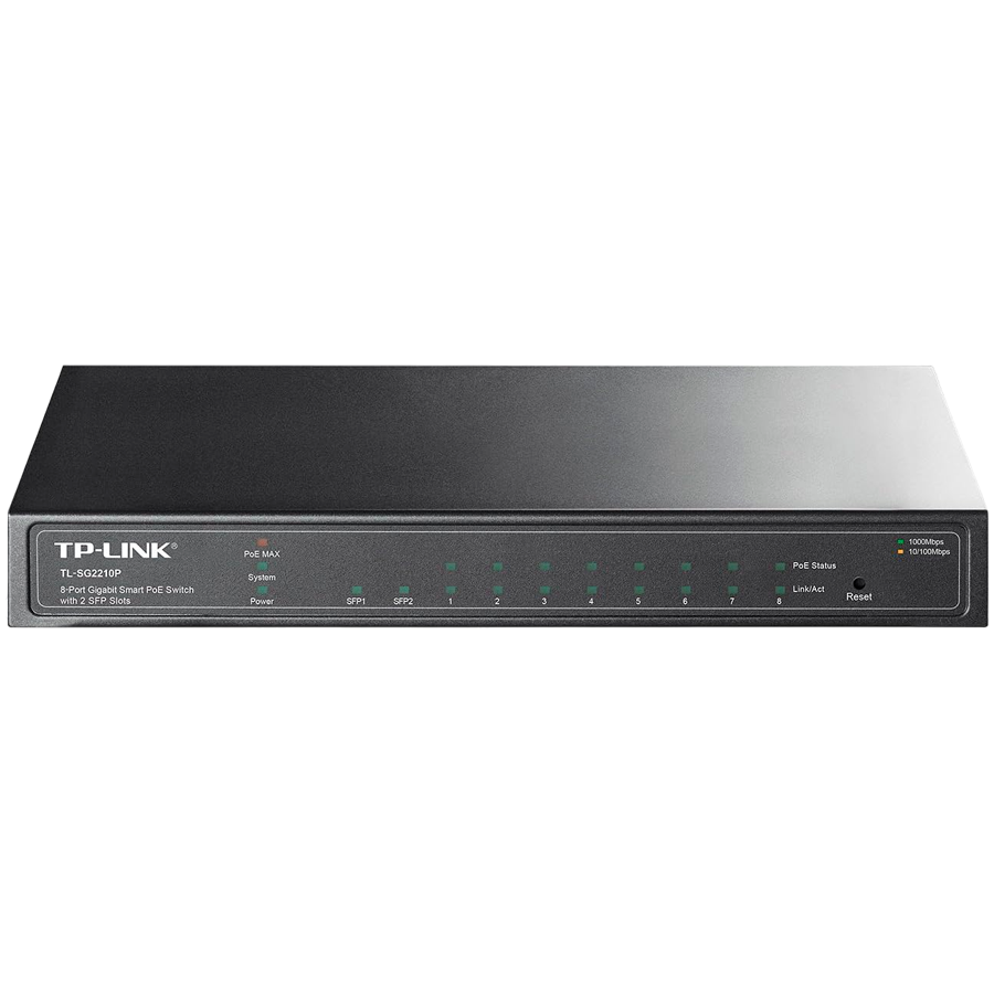 TP-Link SG2210P Omada 10-Port Gigabit Smart Switch with 8 Gigabit PoE+ ports and 2 x SFP slots, 61W total PoE budget, Static routing, VLAN, ACL, QoS, IGMP Snooping, Fanless, metal casing, desktop/wall mount