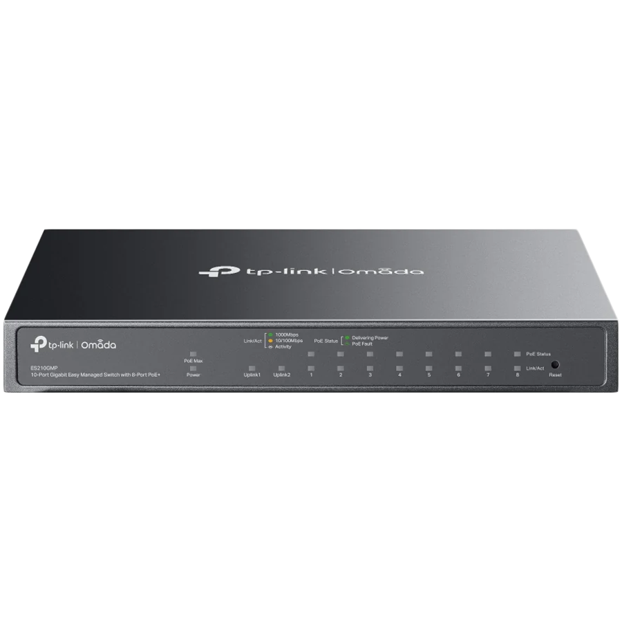 Omada 10-Port Gigabit Easy Managed Switch with 8-Port PoE+ 8× Gigabit PoE+ Ports, 1x Gigabit Non-PoE Ports, 1× Combo Gigabit RJ45/SFP Port 802.3at/af, 123 W PoE Power, Desktop Steel Case and Fanless Integration with Omada SDN Controller