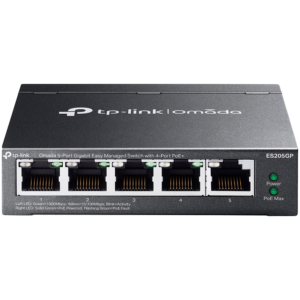 Omada 5-Port Gigabit Easy Managed Switch with 4-Port PoE+ 4× Gigabit PoE+ Ports, 1× Gigabit Non-PoE Ports 802.3at/af, 65 W PoE Power, Desktop Steel Case and Fanless Integration with Omada SDN Controller