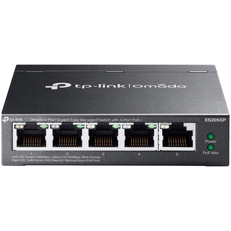 Omada 5-Port Gigabit Easy Managed Switch with 4-Port PoE+ 4× Gigabit PoE+ Ports, 1× Gigabit Non-PoE Ports 802.3at/af, 65 W PoE Power, Desktop Steel Case and Fanless Integration with Omada SDN Controller