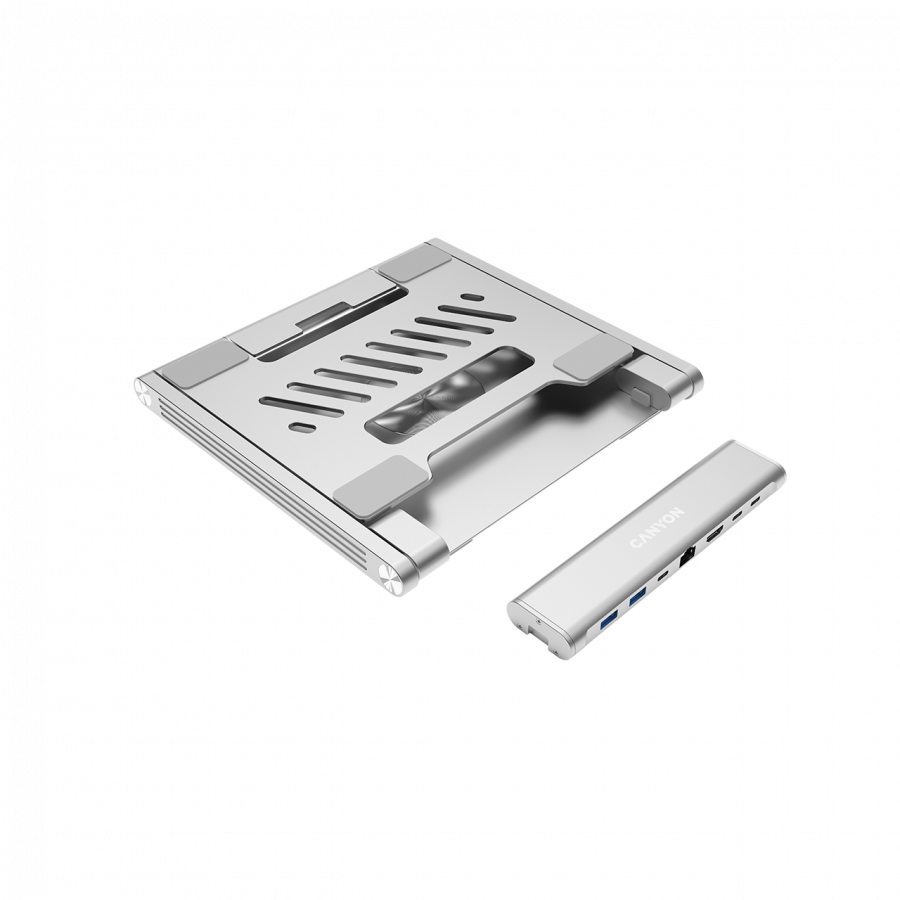 Canyon Laptop stands with hub, TYPE C F to HDMI2.0+2USB3.0+USBC3.0+RJ45+PD, TYEP C TO C cable 1m white with Emarker: HUSB332A, Material: Aluminum case+ABS+PS, Size: 245x240x27.2+/-0.3mm, Weight:1304g - Image 2