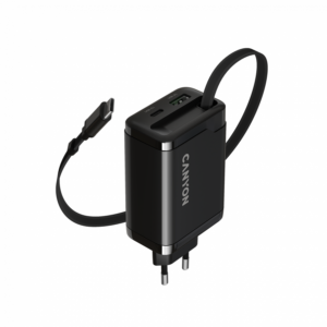 CANYON charger OnCharge 65RC Build-In Cable USB-C 65W 1xPD 1xQC EU Black