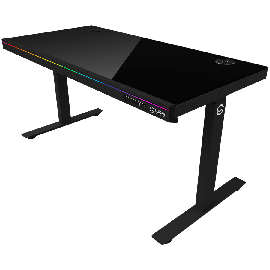 Dual-motor sit/stand adjustable-height gaming desk with wireless charger, RGB lighting, control panel, and USB ports, solid tempered glass tabletop, black. - Image 2