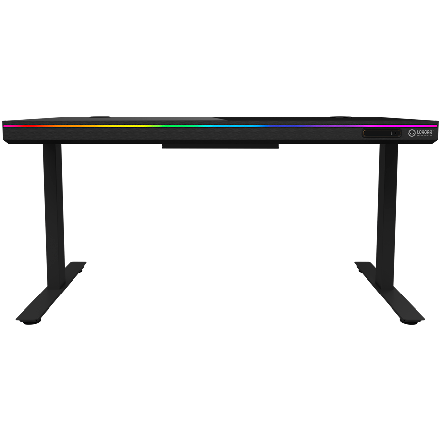 Dual-motor sit/stand adjustable-height gaming desk with wireless charger, RGB lighting, control panel, and USB ports, solid tempered glass tabletop, black. - Image 3
