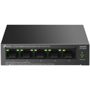 TP-Link LS105GP 5-Port Gigabit Desktop Switch with 4-Port PoE+, 4x Gigabit PoE+ Ports, 1x Gigabit Non-PoE Port, 802.3af/at, 65 W PoE Power, Desktop Steel Case, Extend Mode for 250m PoE Transmitting, PoE Auto Recovery, Plug and Play