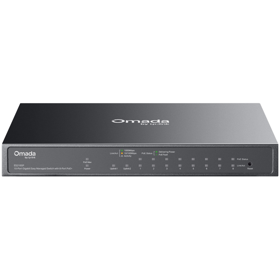 TP-Link ES210GP Omada 10-Port Gigabit Easy Managed Switch with 8-Port PoE+, 8x Gigabit PoE+ Ports, 1x Gigabit Non-PoE Ports, 1x Combo Gigabit RJ45/SFP Port, 63 W PoE Power, Desktop Steel Case and Fanless, Omada App. Flow Control, Loopback Detection