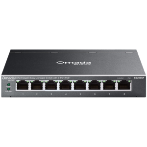 TP-Link ES208GP Omada 8-Port Gigabit Easy Managed Switch with 8-Port PoE+, 8x G PoE+ Ports, 802.3at/af, 64 W PoE Power, Desktop Steel Case and Fanless,Omada App, Flow Control, Loopback Detection, Port Isolation, Port Mirroring, LAG, VLAN, IGMP Snoop