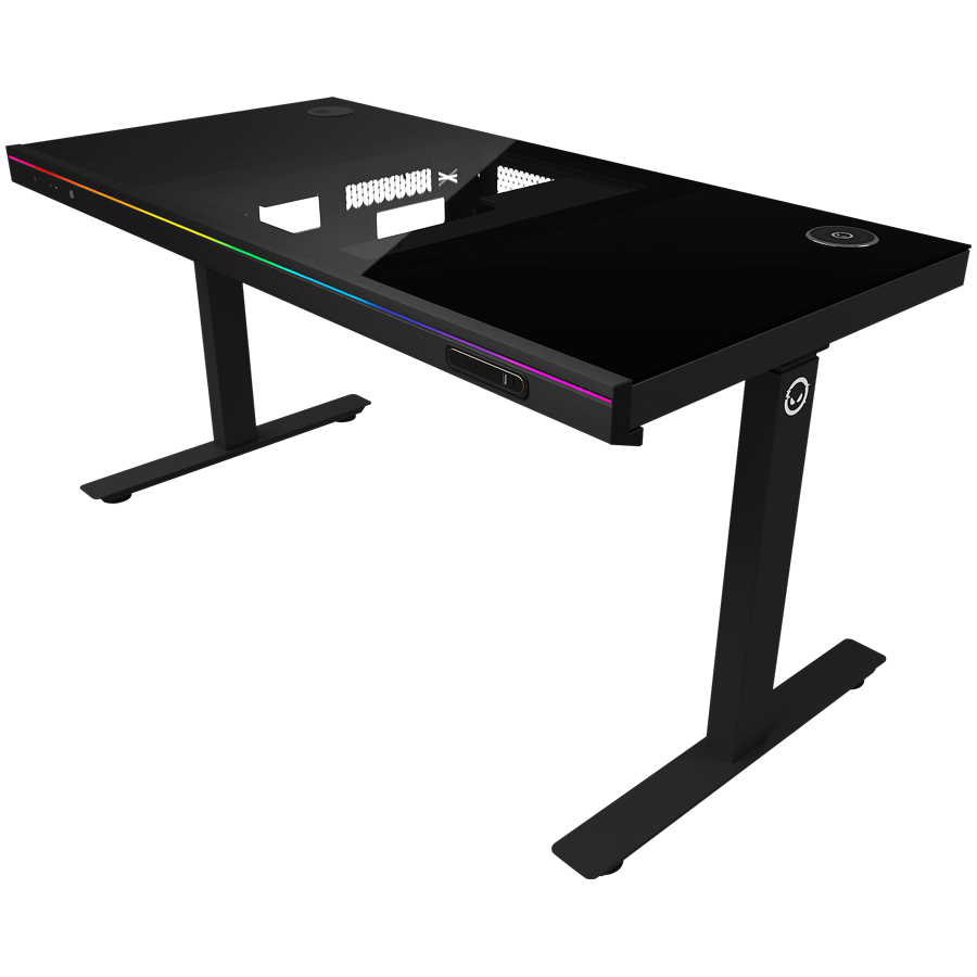 Dual-motor sit/stand adjustable-height gaming desk with built-in PC case, wireless charger, RGB lighting, control panel, and USB ports, tempered glass tabletop, black. - Image 2