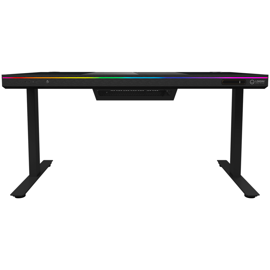 Dual-motor sit/stand adjustable-height gaming desk with built-in PC case, wireless charger, RGB lighting, control panel, and USB ports, tempered glass tabletop, black. - Image 3