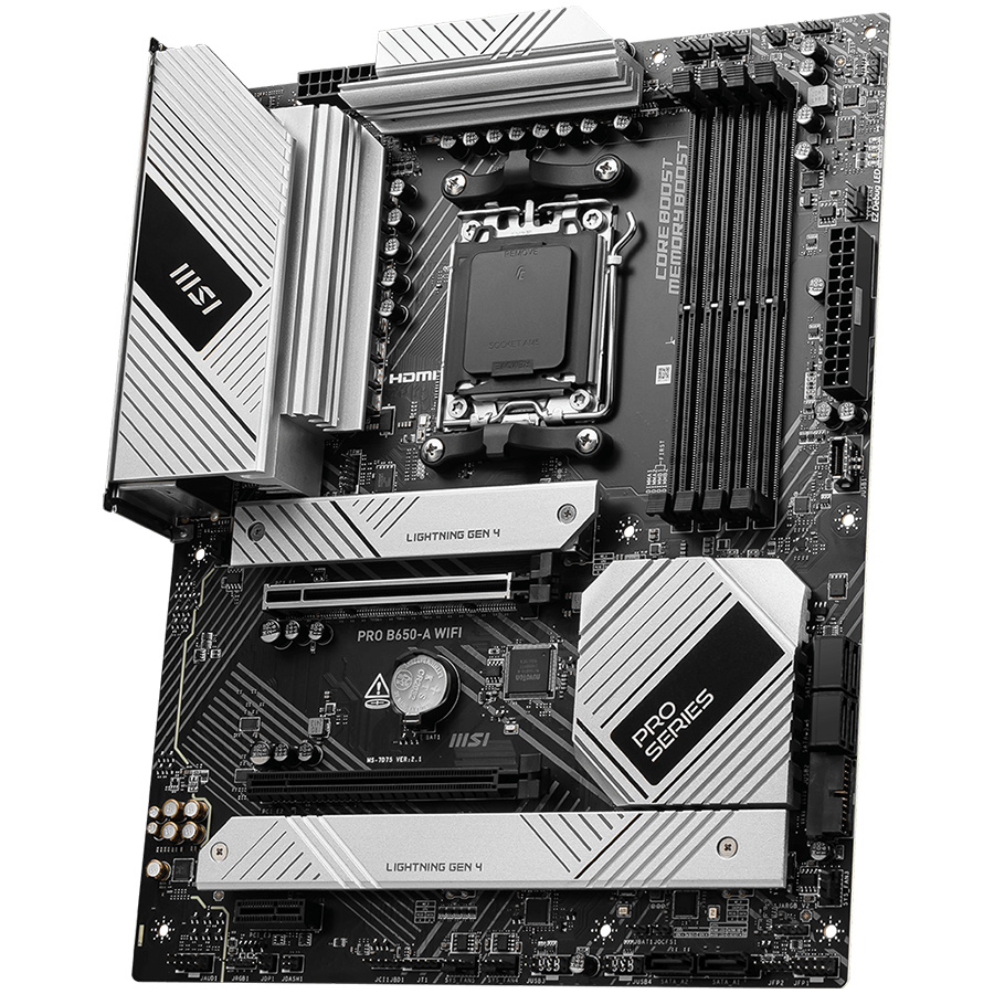 MSI PRO B650-A WIFI AM5 DDR5 AMD B650 SATA 6Gb/s 2.5G LAN Wi-Fi 6E, Bluetooth 8-Channel (7.1) HD Audio AMD Ryzen 9000 / 8000 / 7000 ATX Motherboard