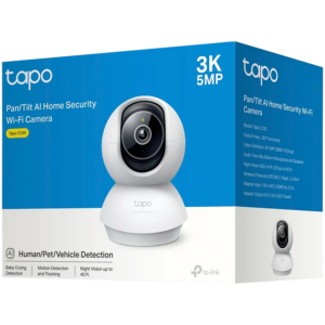 TP-Link Tapo C230 Pan/Tilt AI Home Security Wi-Fi Camera, 3K 5MP (2880x1620), 2.4 GHz, Horizontal 360, Pan/Tilt, Smart AI Detection and Notifications (motion, people, pets, cars, baby crying, abnormal sound), AI Smart Tracking, Sound and Light Alarm