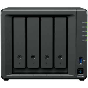 Synology DiskStation DS425+ Tower, 4-Bays 3.5'' SATA HDD/SSD, 2 x M.2 2280 NVMe SSD slot, CPU Intel Celeron J4125 4-core 2.0 GHz, 2 GB DDR4 non-ECC SODIMM, 1x RJ-45 2.5 GbE LAN, 1x RJ-45 1GbE LAN Port; 2x USB 3.2; 2.18 kg; 3yr warranty